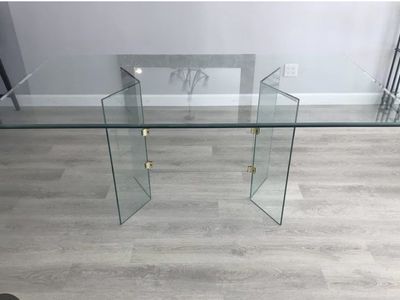 Vintage 1980s All-Glass Dining Table w/ Brass Connectors – MCM / Hollywood Regency
