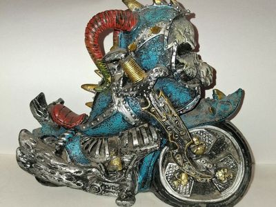 Unique Fantasy Dragon Skull Motorcycle Figurine Resin Bank.