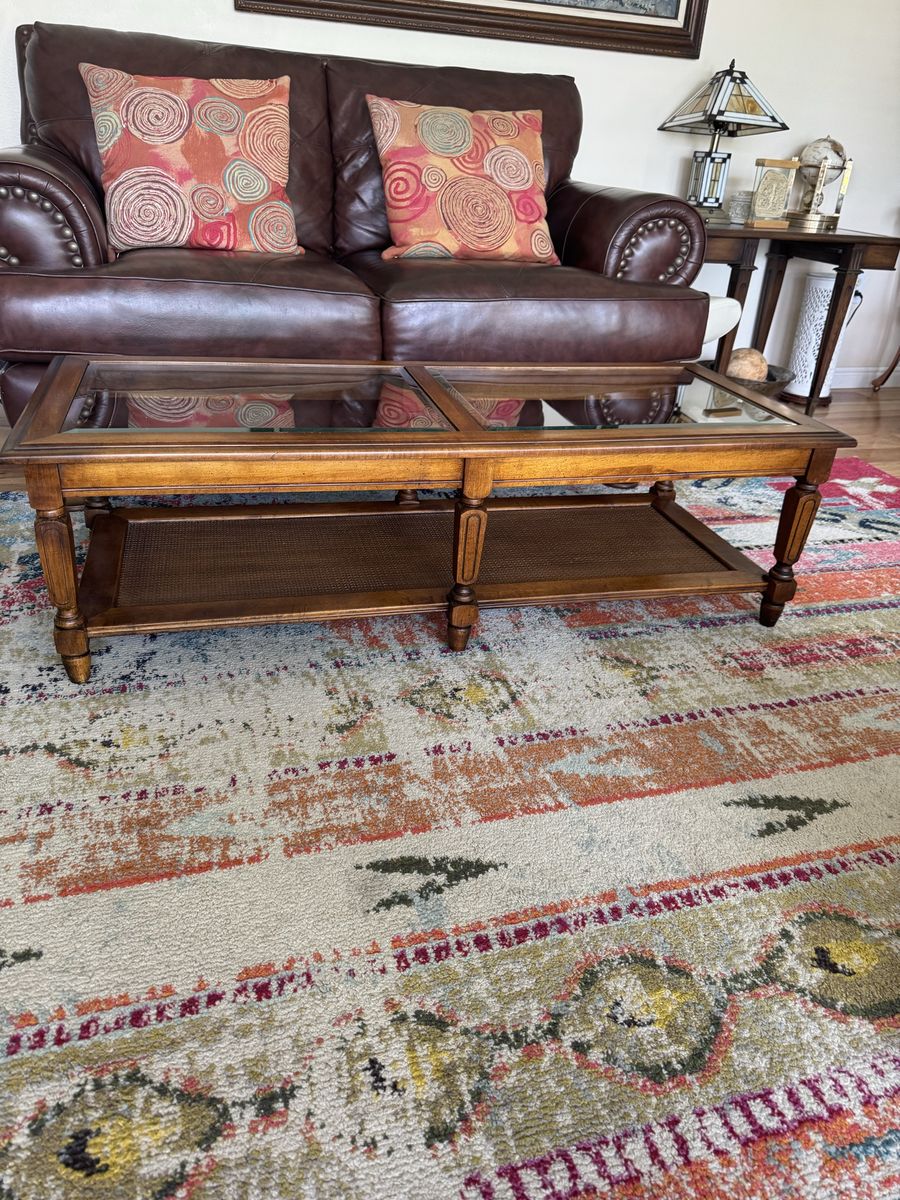 Wood & Glass Coffee Table with Rattan Shelf - Traditional Style Living Room Furniture