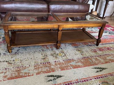 Wood & Glass Coffee Table with Rattan Shelf - Traditional Style Living Room Furniture