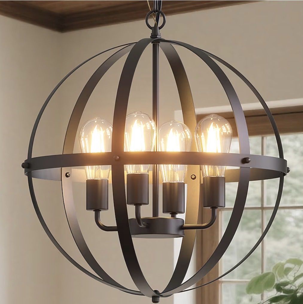 New 4-Light Globe Orb Chandelier Black Steel, Bulbs Included