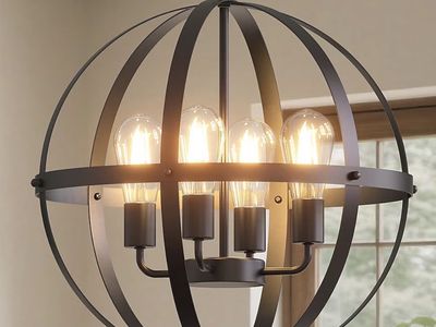 New 4-Light Globe Orb Chandelier Black Steel, Bulbs Included