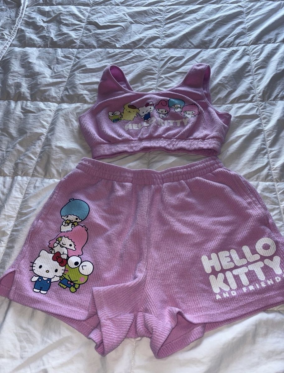 Sanrio Hello Kitty & Friends Ribbed Crop Tank Top & Shorts Set - Pink, Size Medium