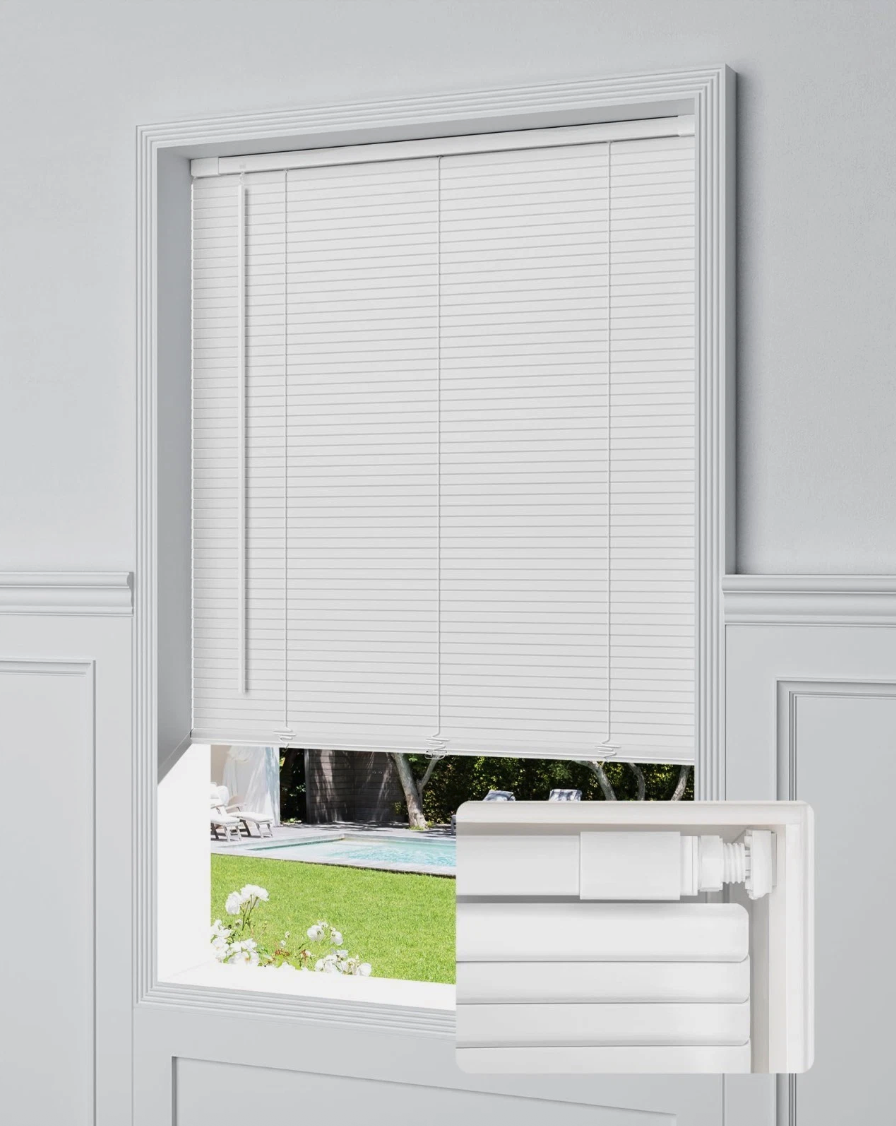 UNISHADES No Drill Cordless Mini Blinds 33.5x64 White 1" Vinyl Privacy Inside