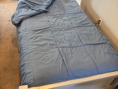 Lightweight TWIN wood slat bed with new mattress cover and new topper + Never Used