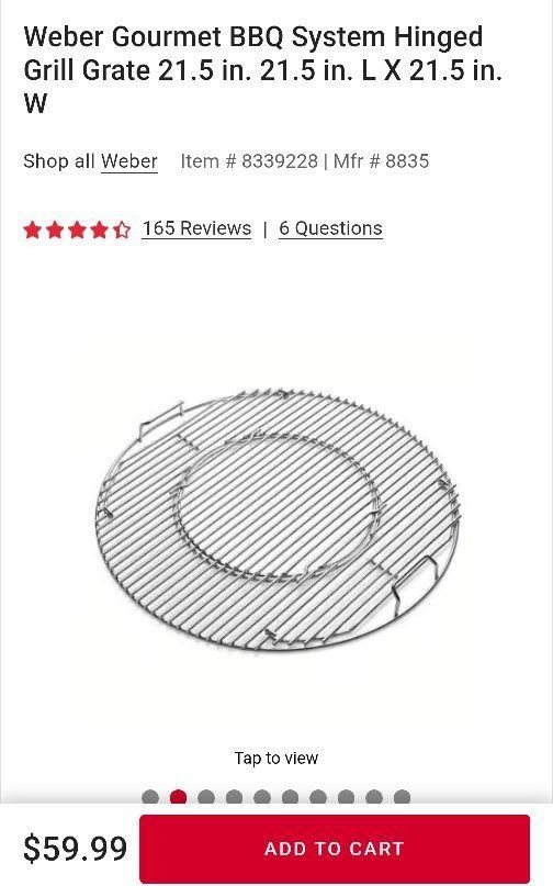 New Weber Gourmet 22in BBQ Hinged Grill Grate