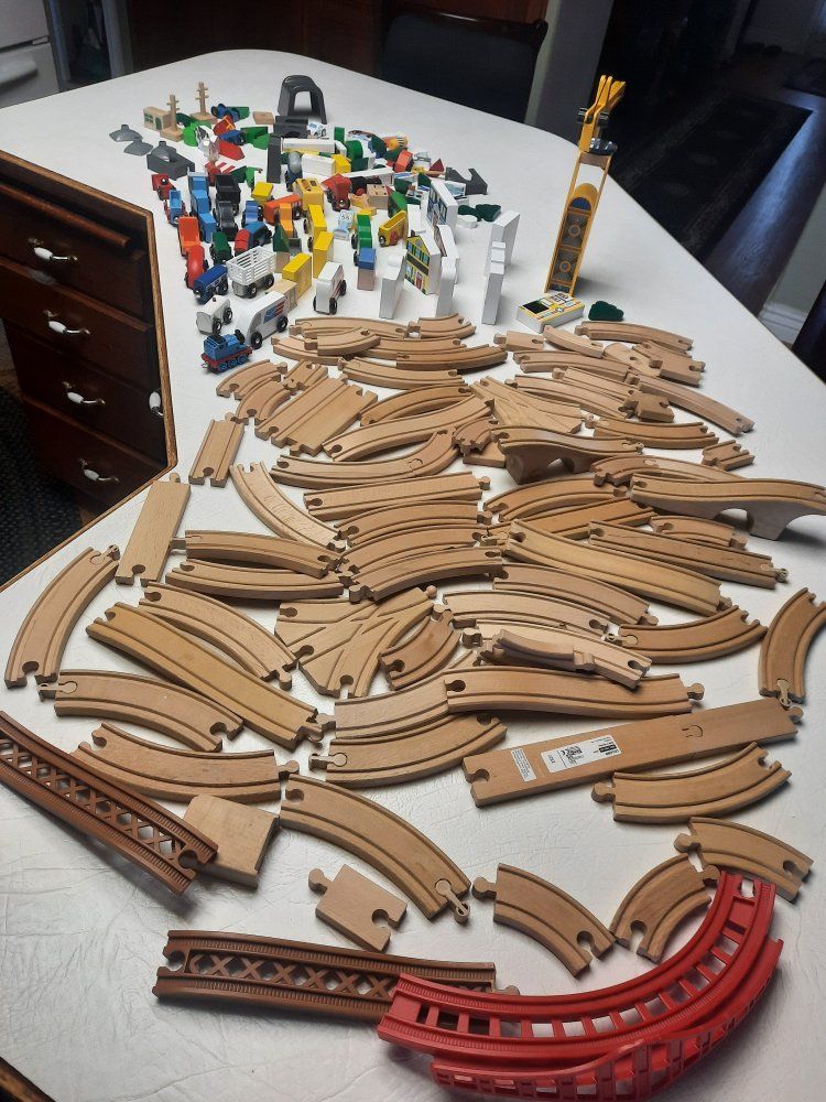 Large Wooden Train Track Set with Vehicles and Buildings