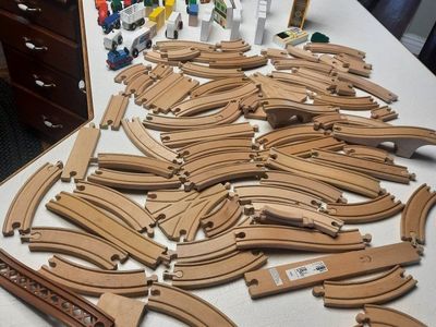 Large Wooden Train Track Set with Vehicles and Buildings