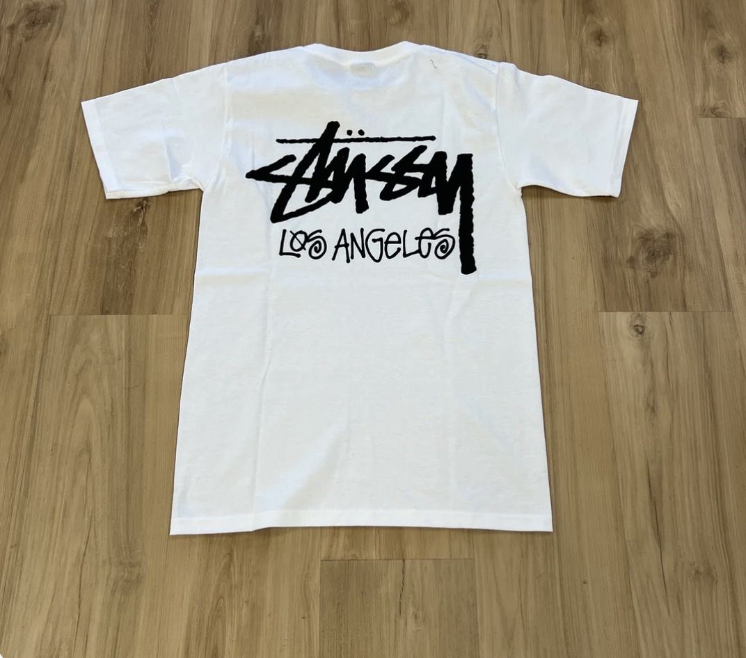 Used Stussy Los Angeles White Short Sleeve T-Shirt - Size XL, Made in Honduras