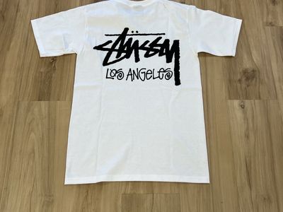 Used Stussy Los Angeles White Short Sleeve T-Shirt - Size XL, Made in Honduras