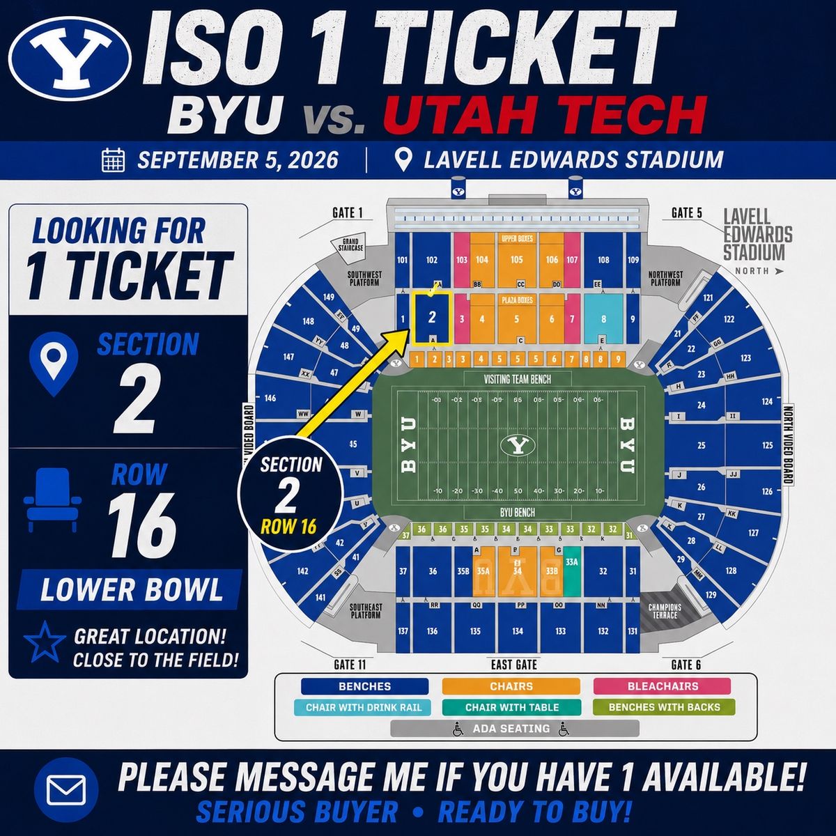 ISO 1 Ticket BYU vs Utah Tech Section 2 Row 16