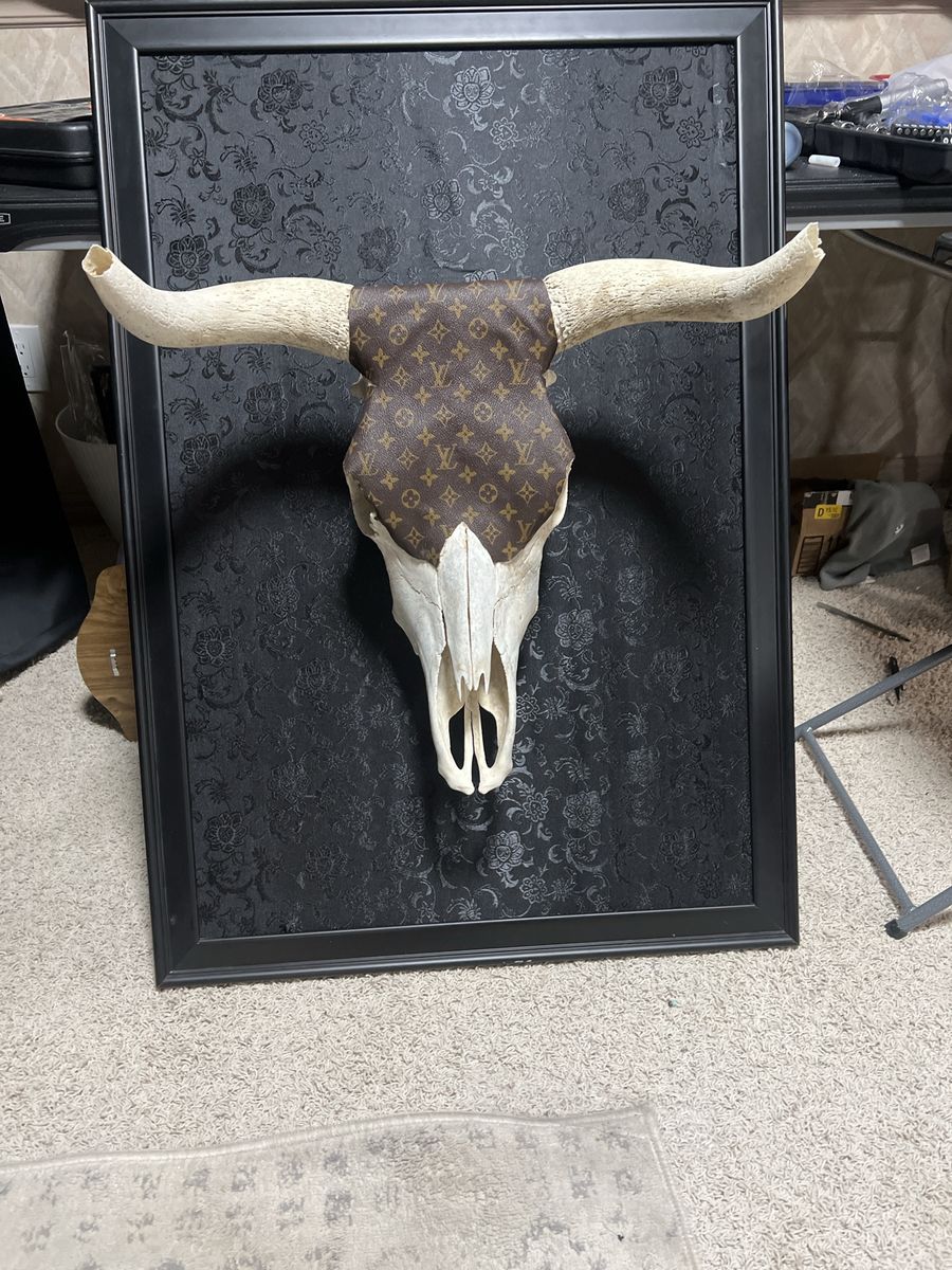 Unique Louis Vuitton Fabric Covered Bull Skull Art Decor - Framed Wall Hanging