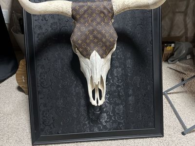 Unique Louis Vuitton Fabric Covered Bull Skull Art Decor - Framed Wall Hanging