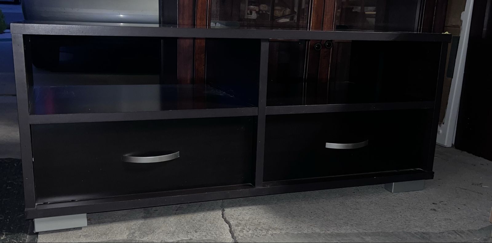 Dark Wood Media Console TV Stand with 2 Drawers and Open Shelving