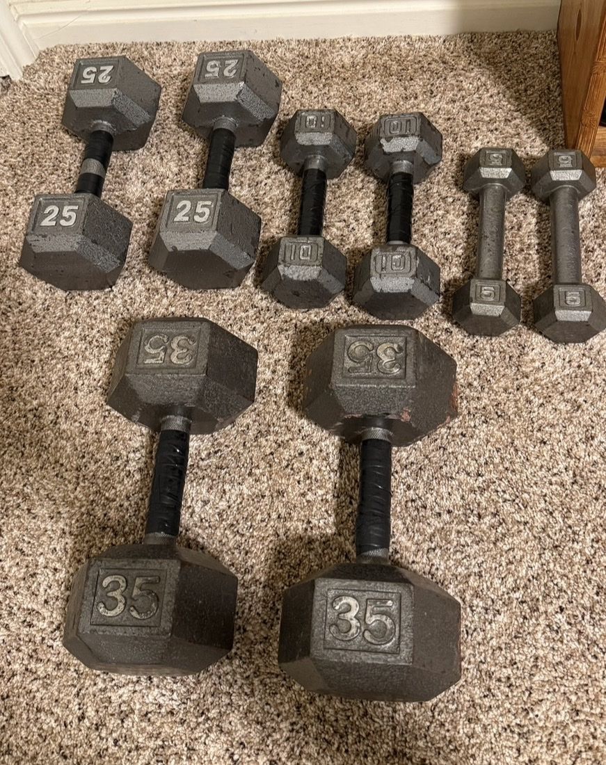 Cast Iron Hex Dumbbell Pairs Set - 5lb, 10lb, 25lb, and 35lb (150 lbs Total)