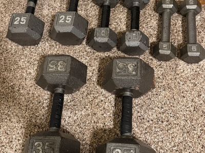 Cast Iron Hex Dumbbell Pairs Set - 5lb, 10lb, 25lb, and 35lb (150 lbs Total)