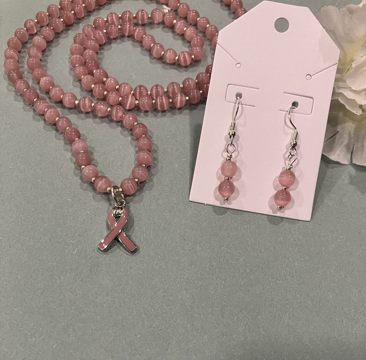 Pink Rose Quartz Beaded Necklace & Dainty Matching Earrings