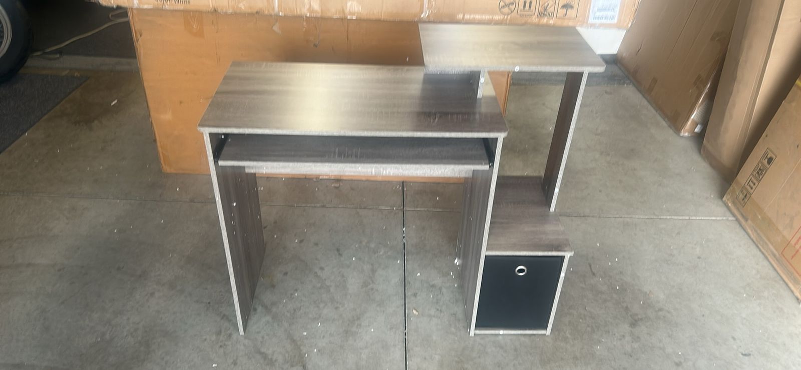 Modern Grey Wood Grain Computer Desk with Keyboard Tray and Storage Shelf