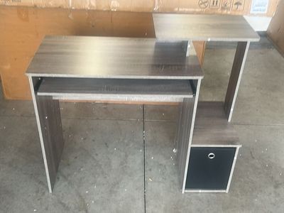 Modern Grey Wood Grain Computer Desk with Keyboard Tray and Storage Shelf