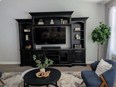 Large Black Entertainment Center TV Stand with Piers and Shelving