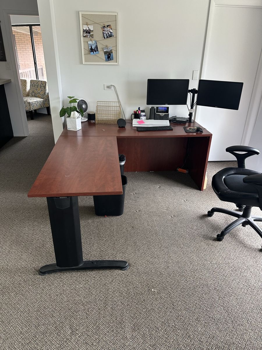 Large L-Shaped Office Desk - Cherry Wood Finish with Adjustable Return and Built-in Storage