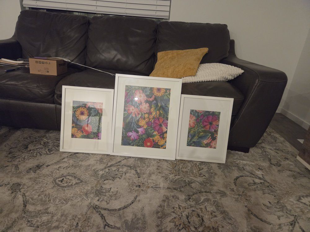 Set of 3 Floral Art Prints with White Frames - Vibrant Botanical Wall Decor