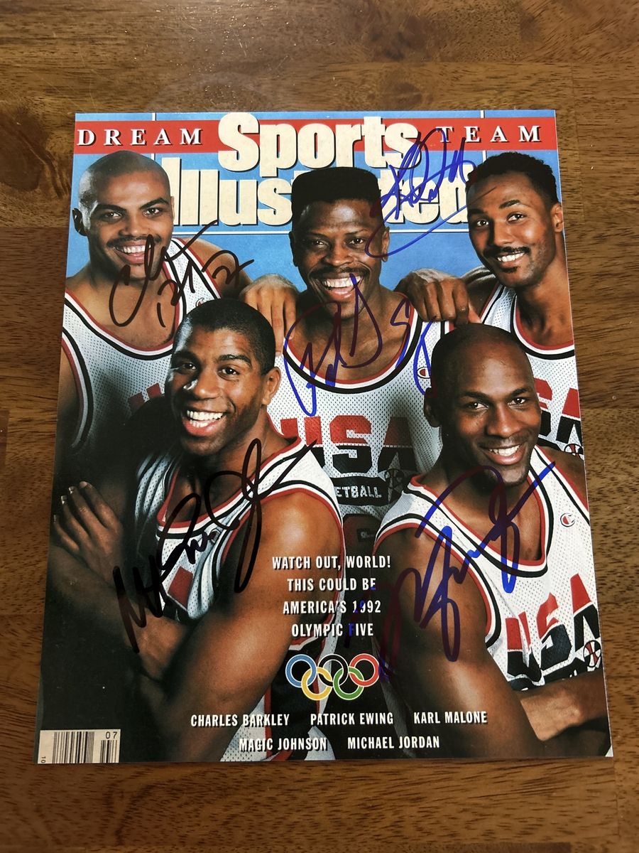 1992 Olympic Autograph USA Team Michael Jordan, Magic Johnson, Patrick, Karl Malone, Charles Barkley Auto 8x10 Photograph