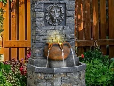 Outdoor Water Fountain, Lion Head Floor-Standing Stone Waterfall Fountain with LED Lights size: 46*36*106 cm