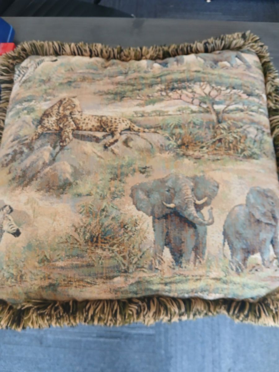Safari Animal Tapestry Throw Pillow with Fringe - Elephant, Leopard, Zebra Scene