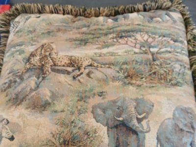 Safari Animal Tapestry Throw Pillow with Fringe - Elephant, Leopard, Zebra Scene