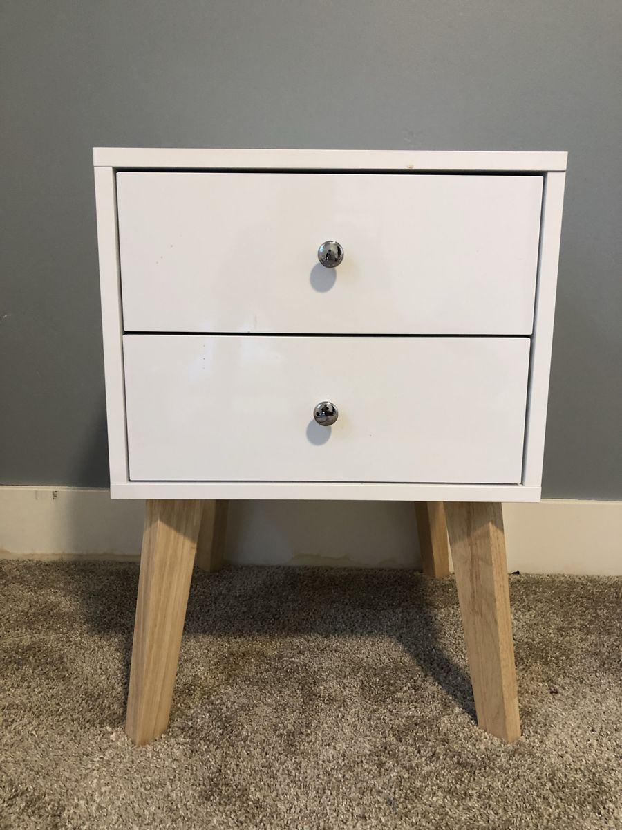 White 2-Drawer Nightstand with Wood Legs - Modern Bedroom Furniture