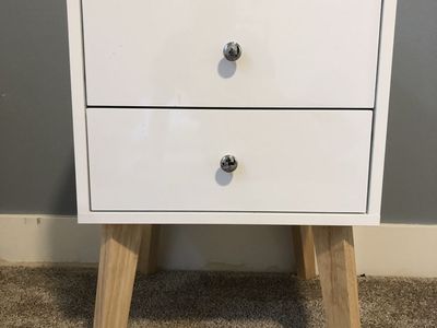 White 2-Drawer Nightstand with Wood Legs - Modern Bedroom Furniture