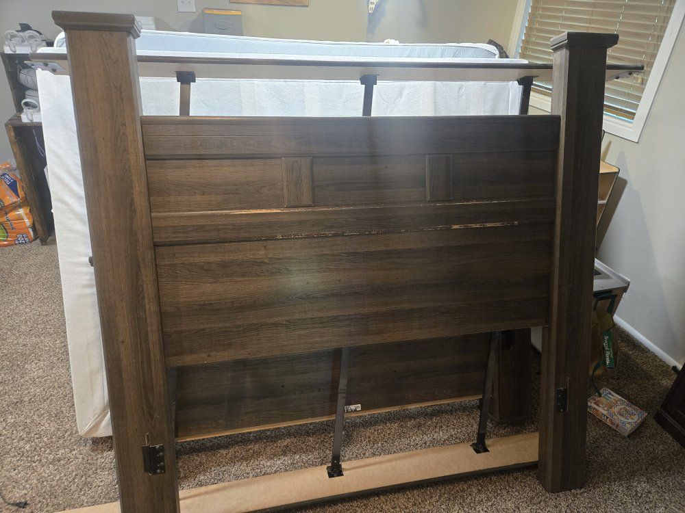 Queen Size Bed Frame, Mattress & Nightstand Set - Dark Wood Finish