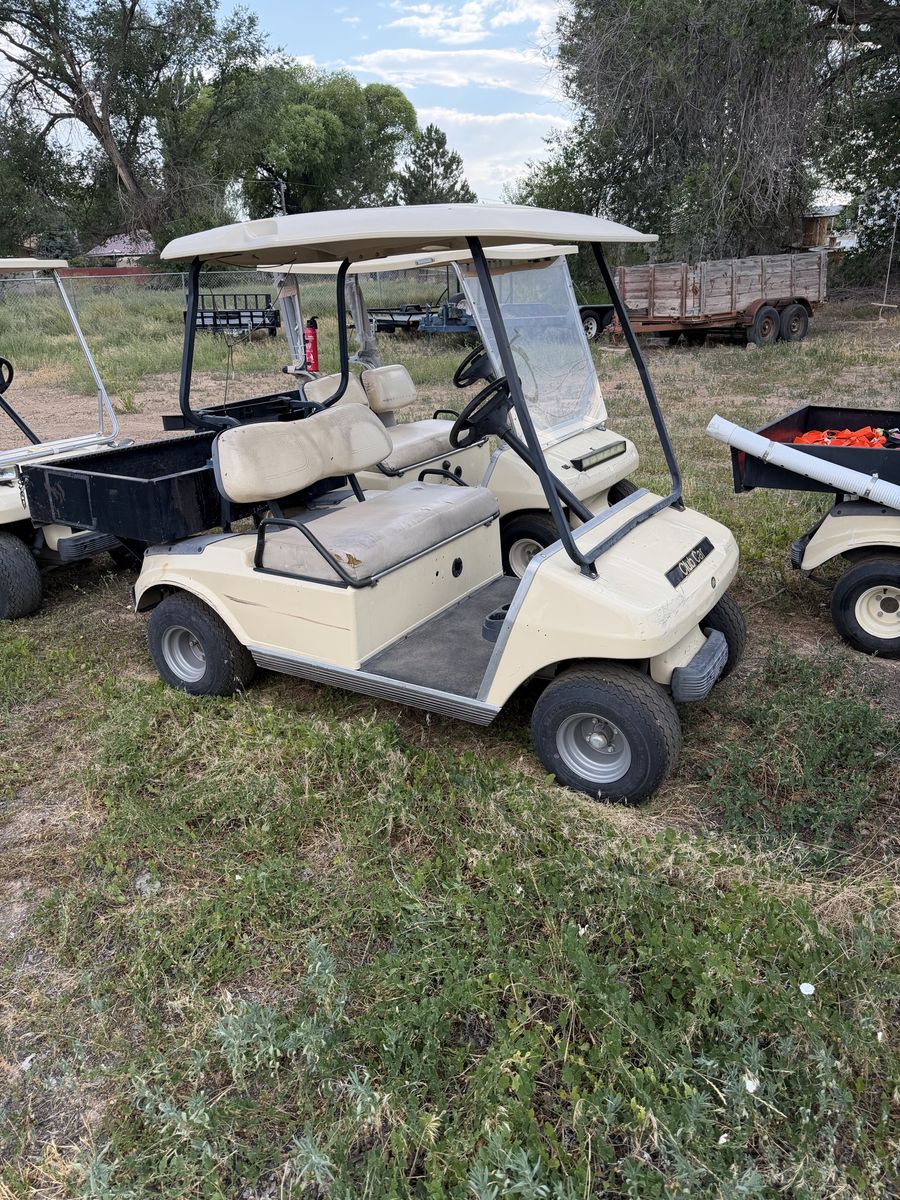 Club Car DS Golf Cart - Beige, 2-seater with rear cargo bed, older model