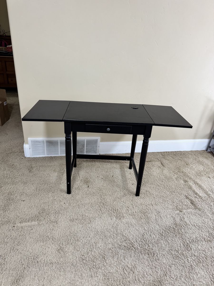 Black Desk with Fold-Out Leaves & Drawer - Compact & Versatile for Dorms/Small Spaces