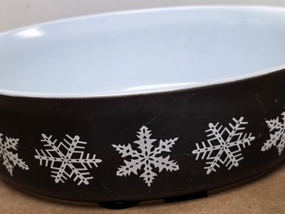 Vintage Pyrex Snowflake Oval Casserole Dish Black White Glass Bakeware