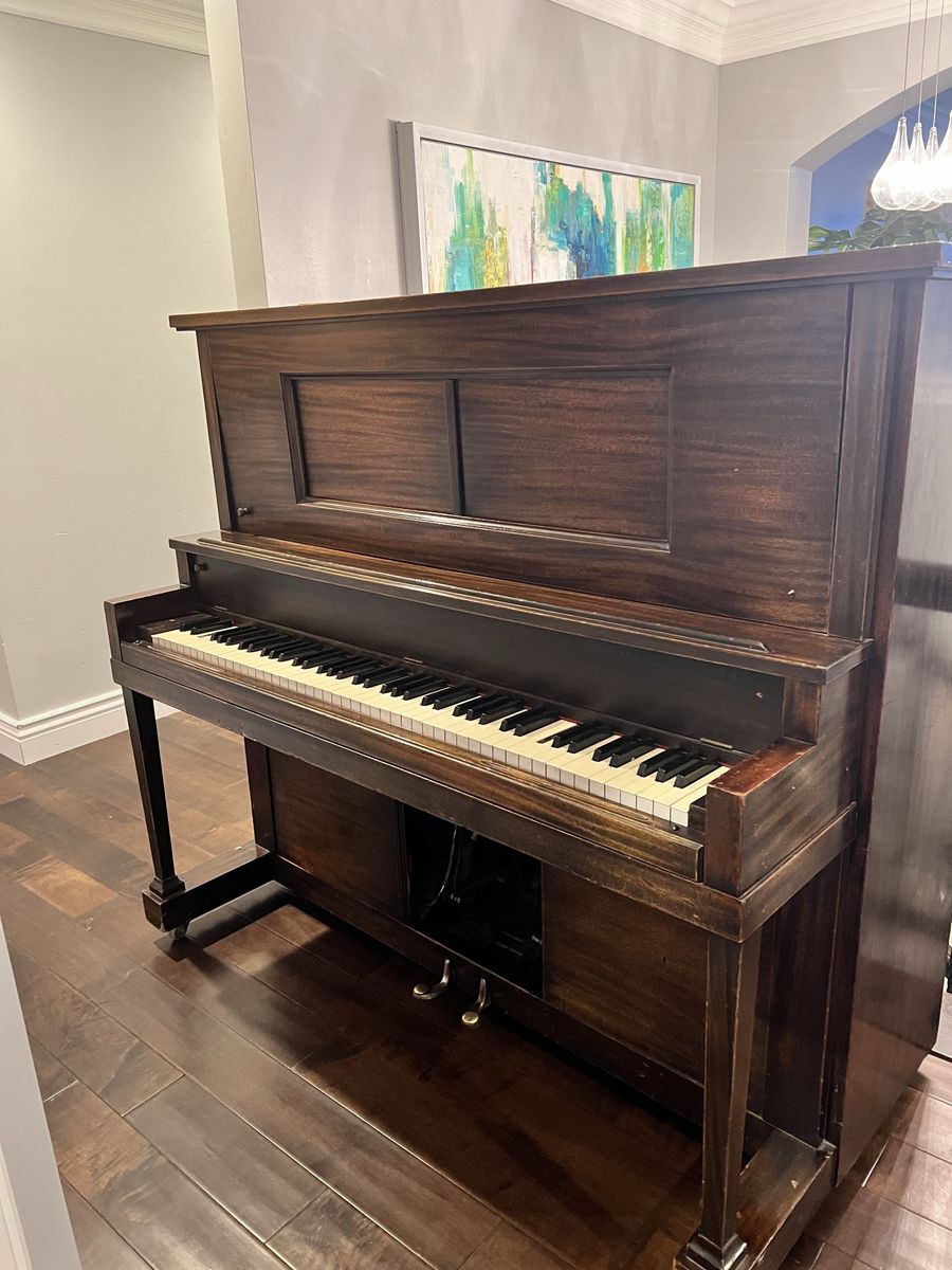 Antique Player Piano - Dark Wood Upright Piano with Roll Mechanism