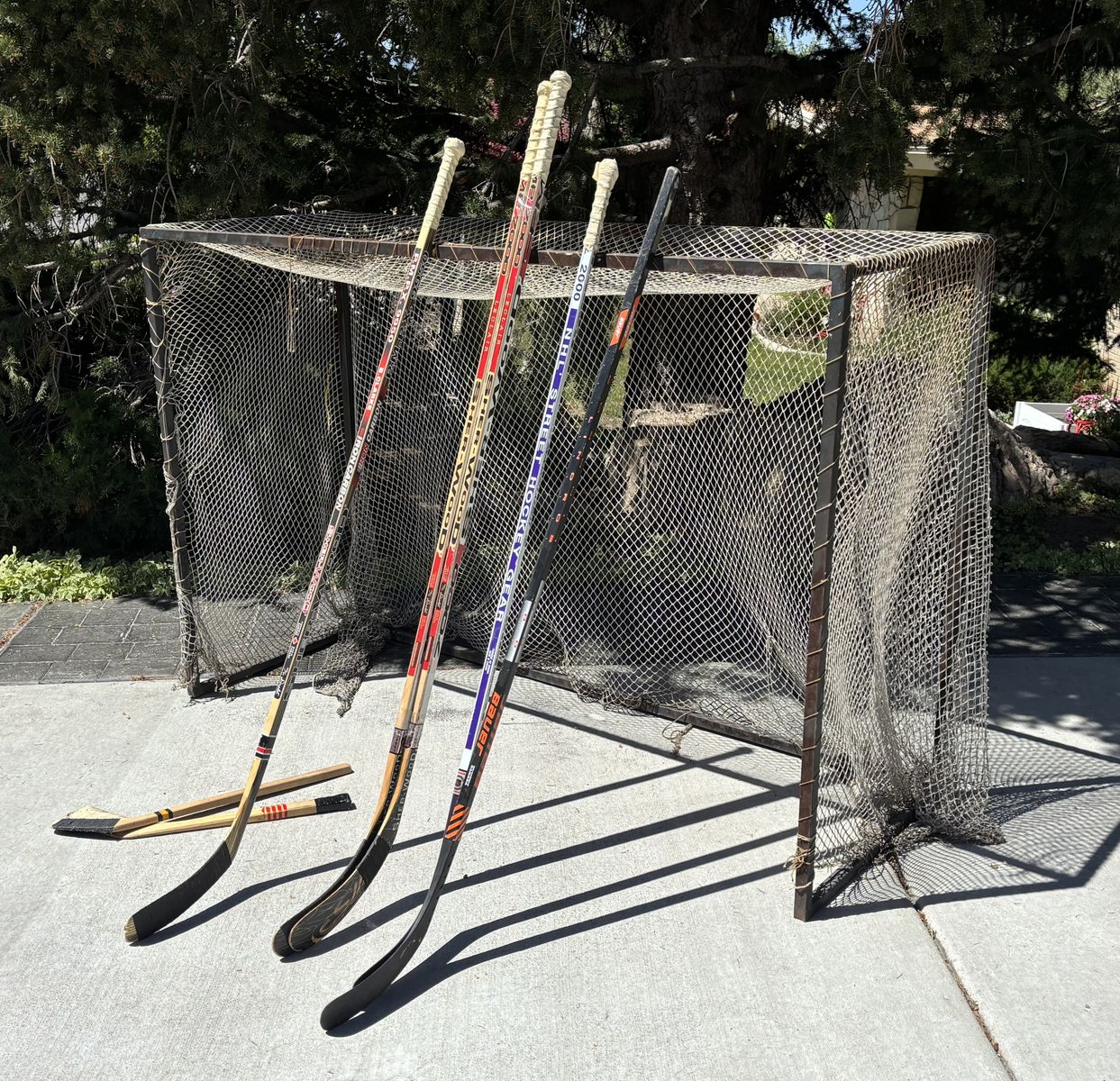 Vintage hockey net and sticks
