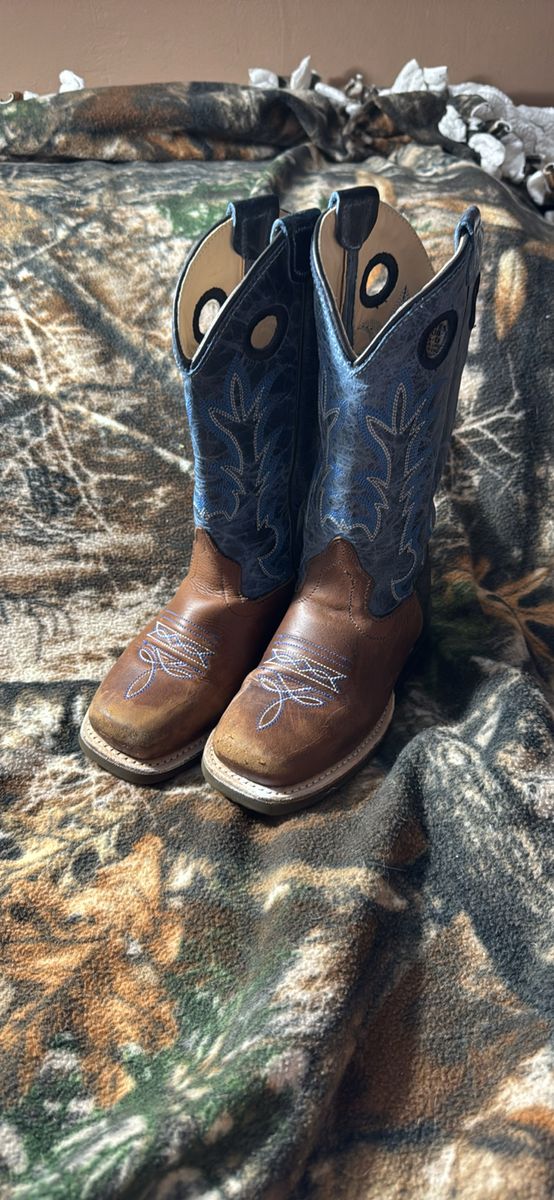 Old West Boy's Western Cowboy Boots Brown Blue Square Toe Size 8.5