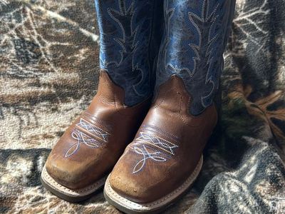 Old West Boy's Western Cowboy Boots Brown Blue Square Toe Size 8.5