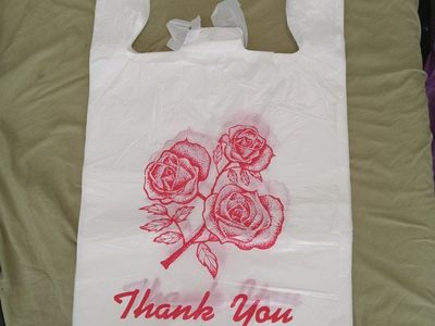 Retail Thank You Plastic Bags with Rose Design - Bulk Shopping/Merchandise Bags, White/Red