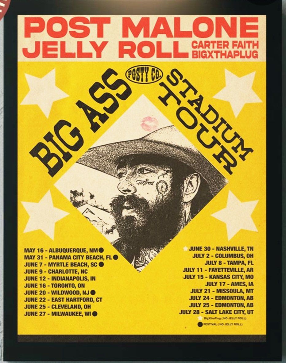 Post Malone & Jelly Roll "Big Ass Stadium Tour" ISLE FLOOR SEAT NEAR STAGE