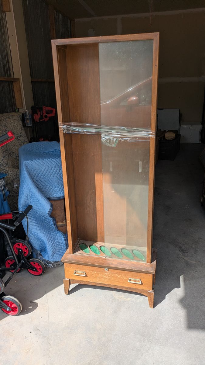 Vintage Wooden Gun Cabinet with Glass Door and Storage Drawer