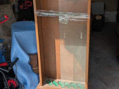 Vintage Wooden Gun Cabinet with Glass Door and Storage Drawer