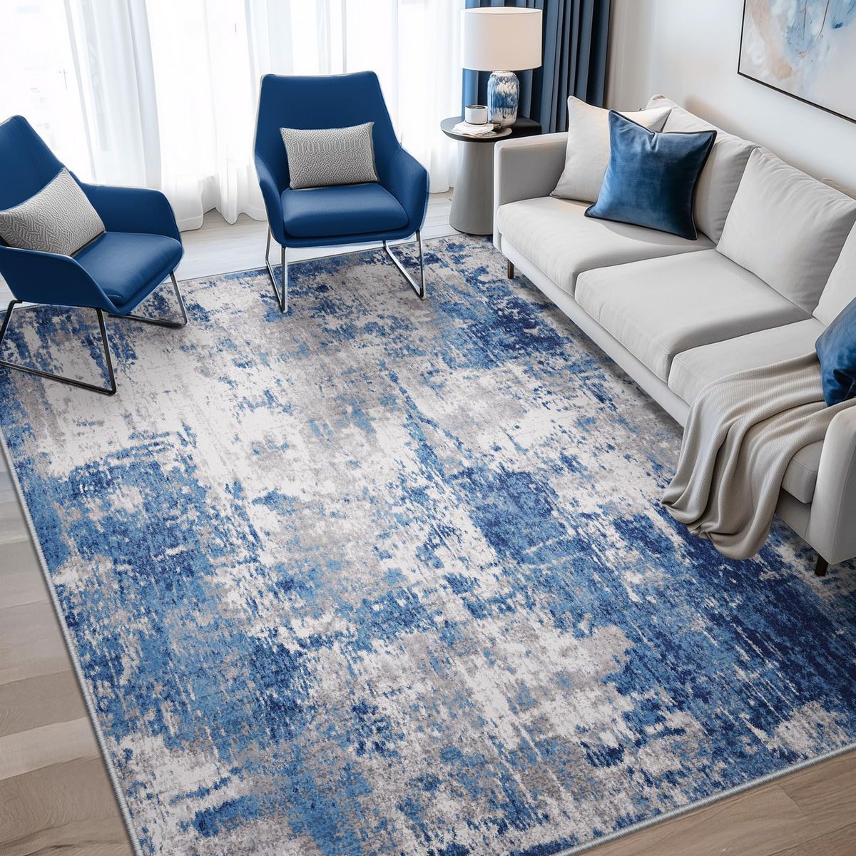 NEW 5x8 Washable Area Rugs Modern Abstract Soft, Blue Grey Navy Gray