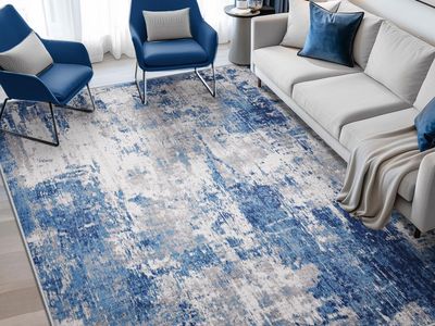 NEW 5x8 Washable Area Rugs Modern Abstract Soft, Blue Grey Navy Gray