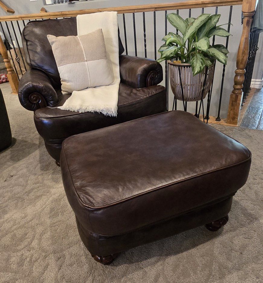 Premium Leather Club Chair + Ottoman – Rich Brown, Timeless Style
