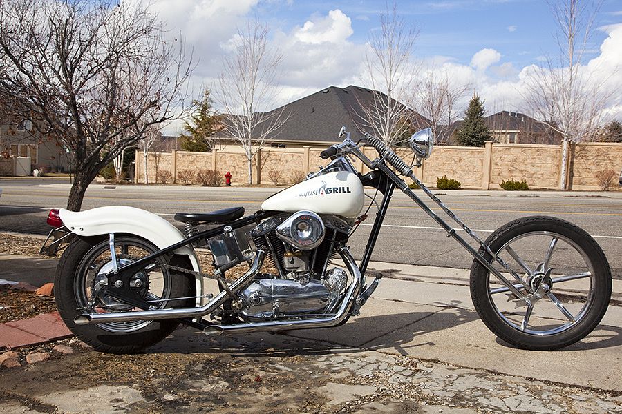 ‘67 Iron Head Custom Chopper Motorcycle. Twisted Springer fork