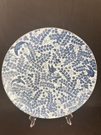 Cobalt Blue and White 12” Round Birds and Vines Ceramic Plate Signed New