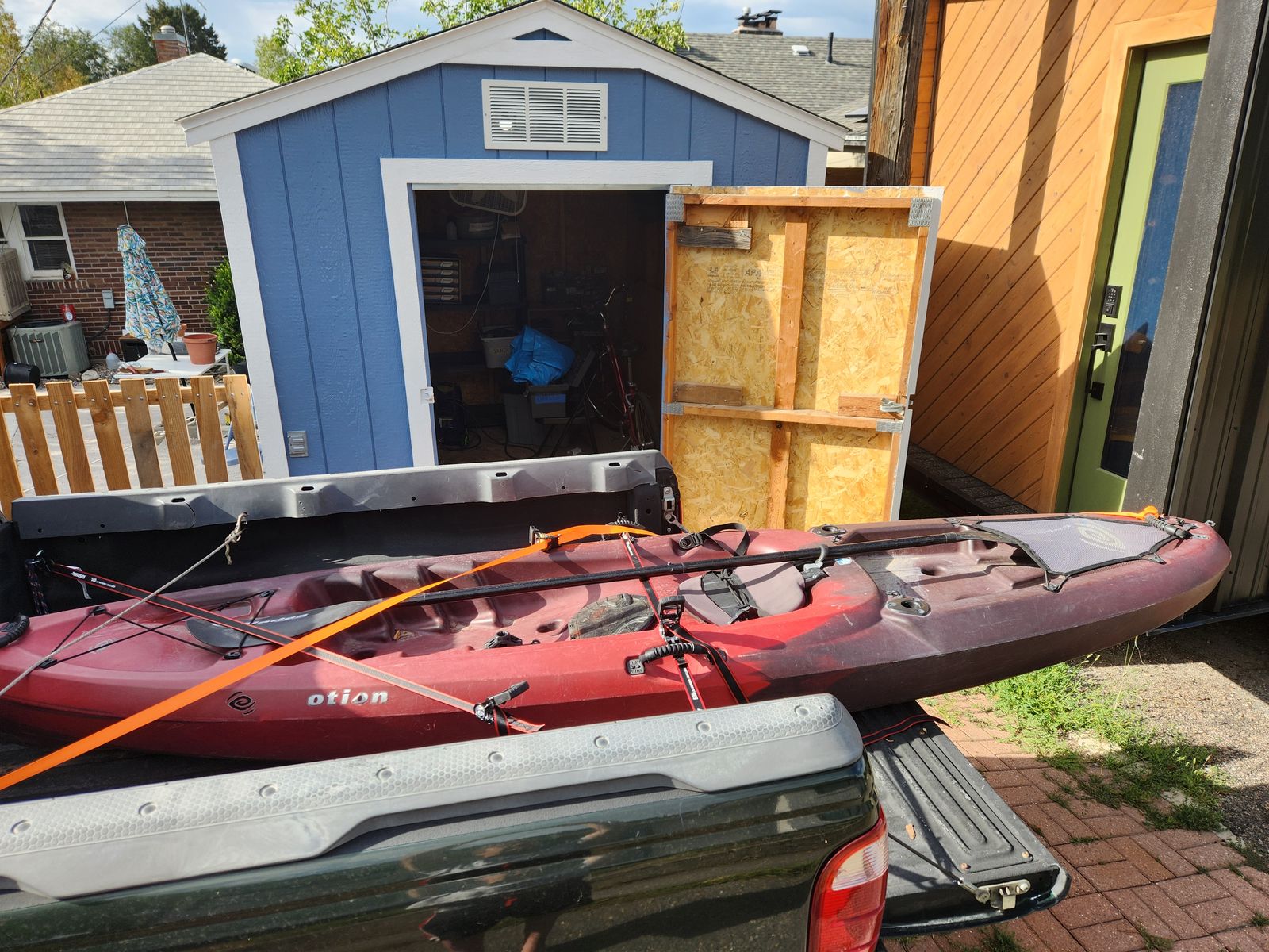 Emotion Stealth 11 fishing kayak and paddle.  No problems, works great.  Has a wheel to help haul it.